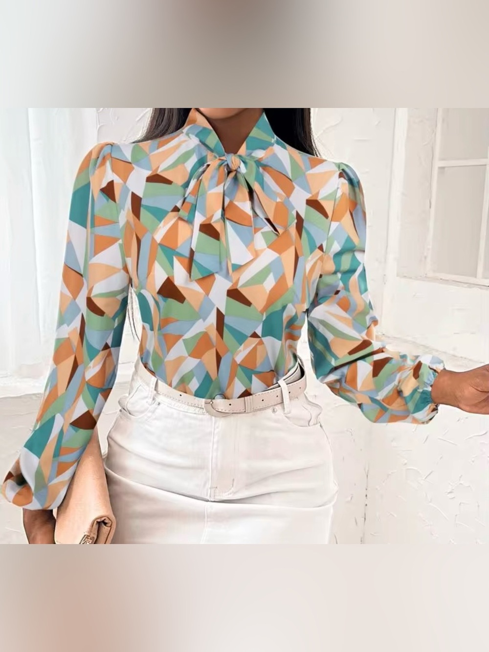 SHEIN Tie Neck Geometric Print Blouse Size Small Multicolor